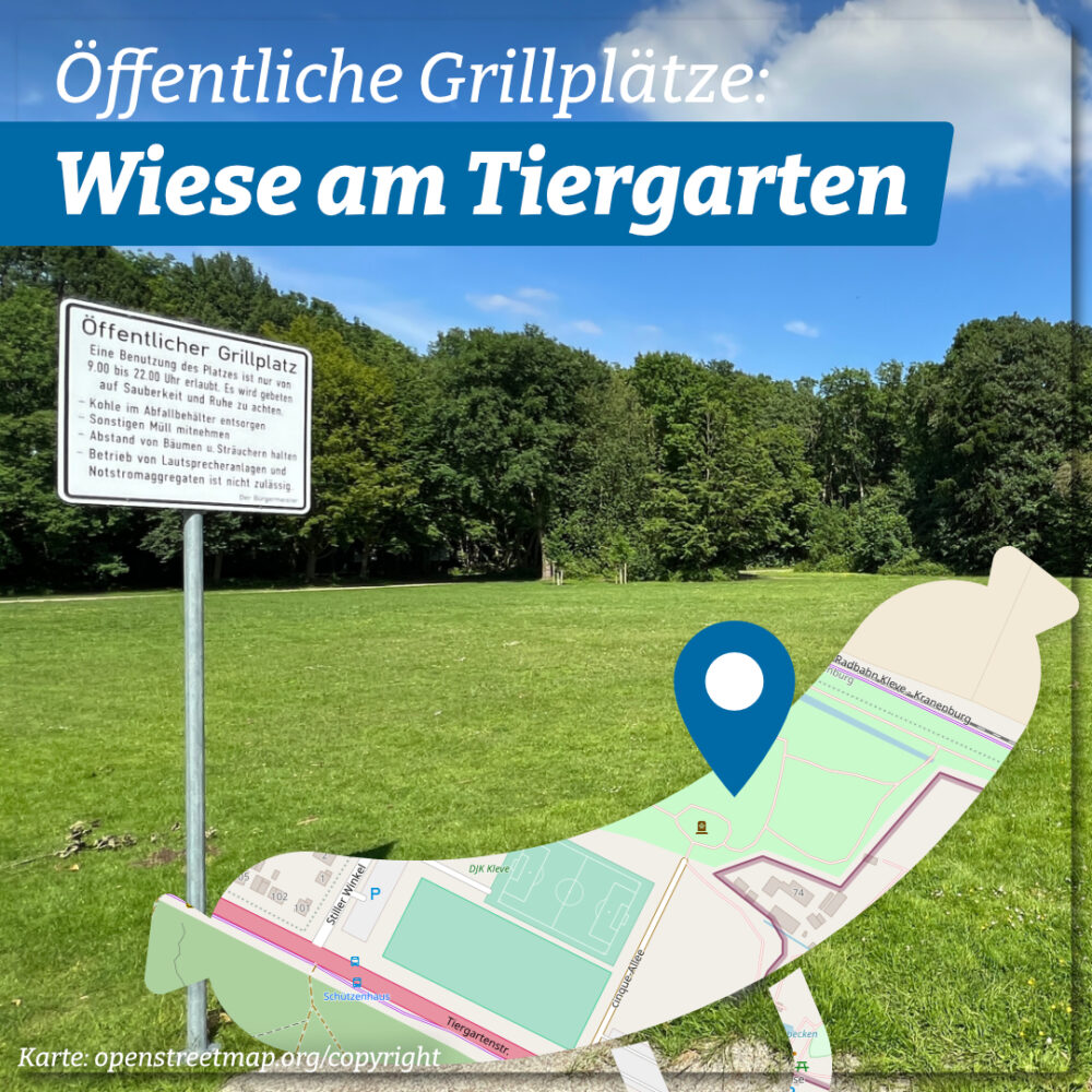 Foto mit Hintergrund einer Wiese mit Standortmarkierung wo öffentliche Grillplätze sind.