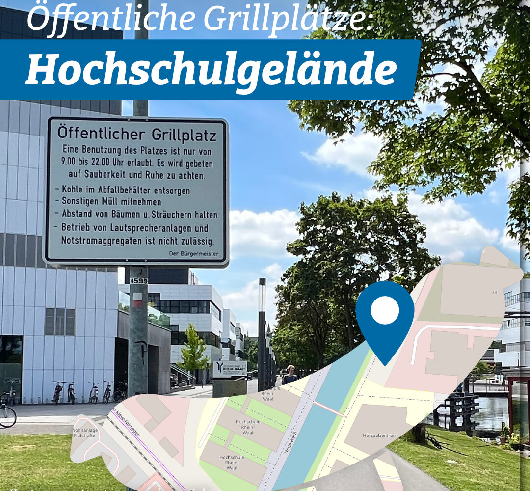 Foto an der Hochschule Rhein Waal Kleve mit Standortmarkierung wo öffentliche Grillplätze sind.