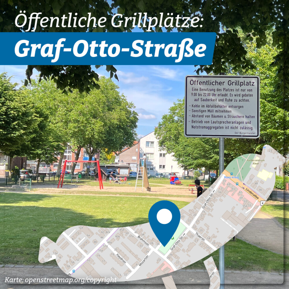 Foto mit Spielplatz im Hintergrund, Standortmarkierung von öffentlichen Grillplätzen.