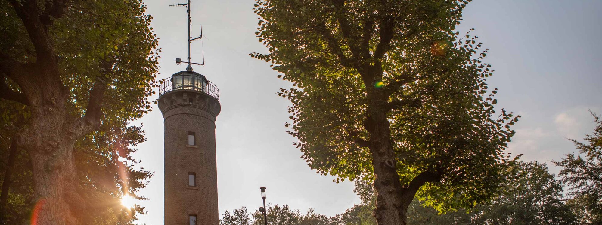 Ein Aussichtsturm aus Ziegelstein mit einem runden oberen Teil und Antennen, umgeben von großen, runden Bäumen. Im Hintergrund ist ein bewölkter Himmel zu sehen.