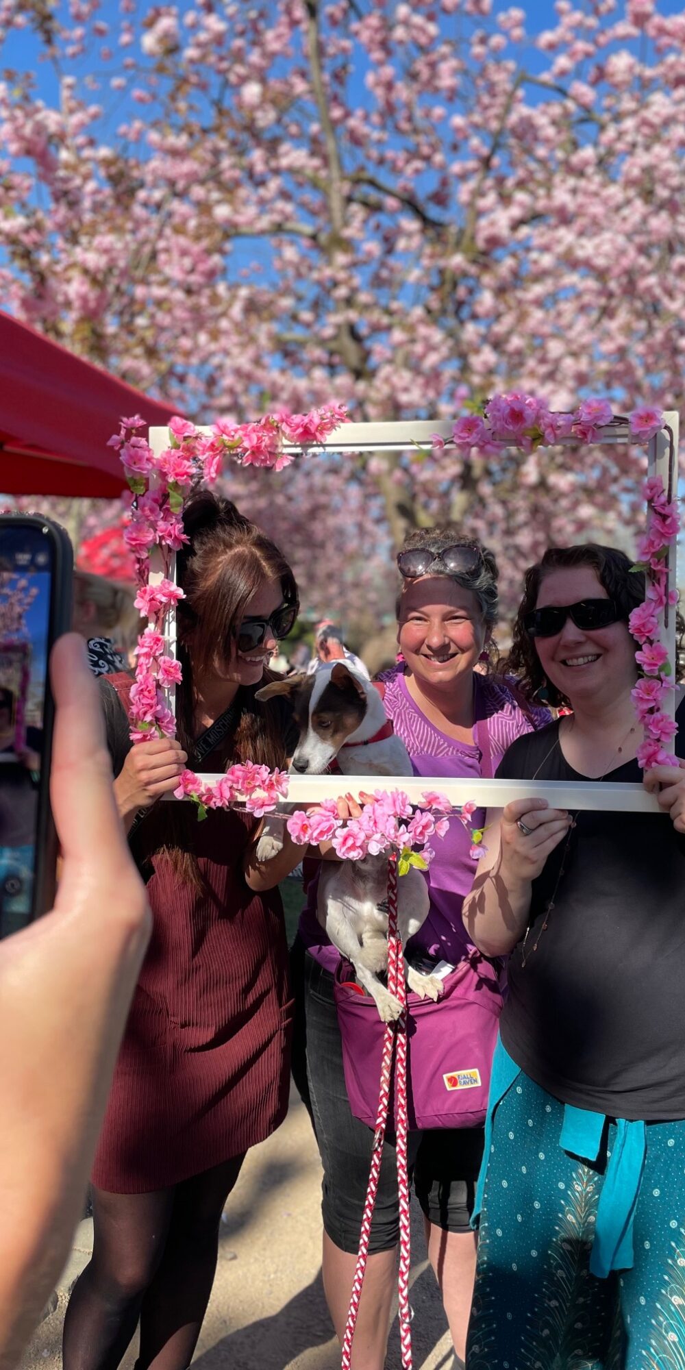 Gruppe von Menschen schauen durch einen Fotorahmen.