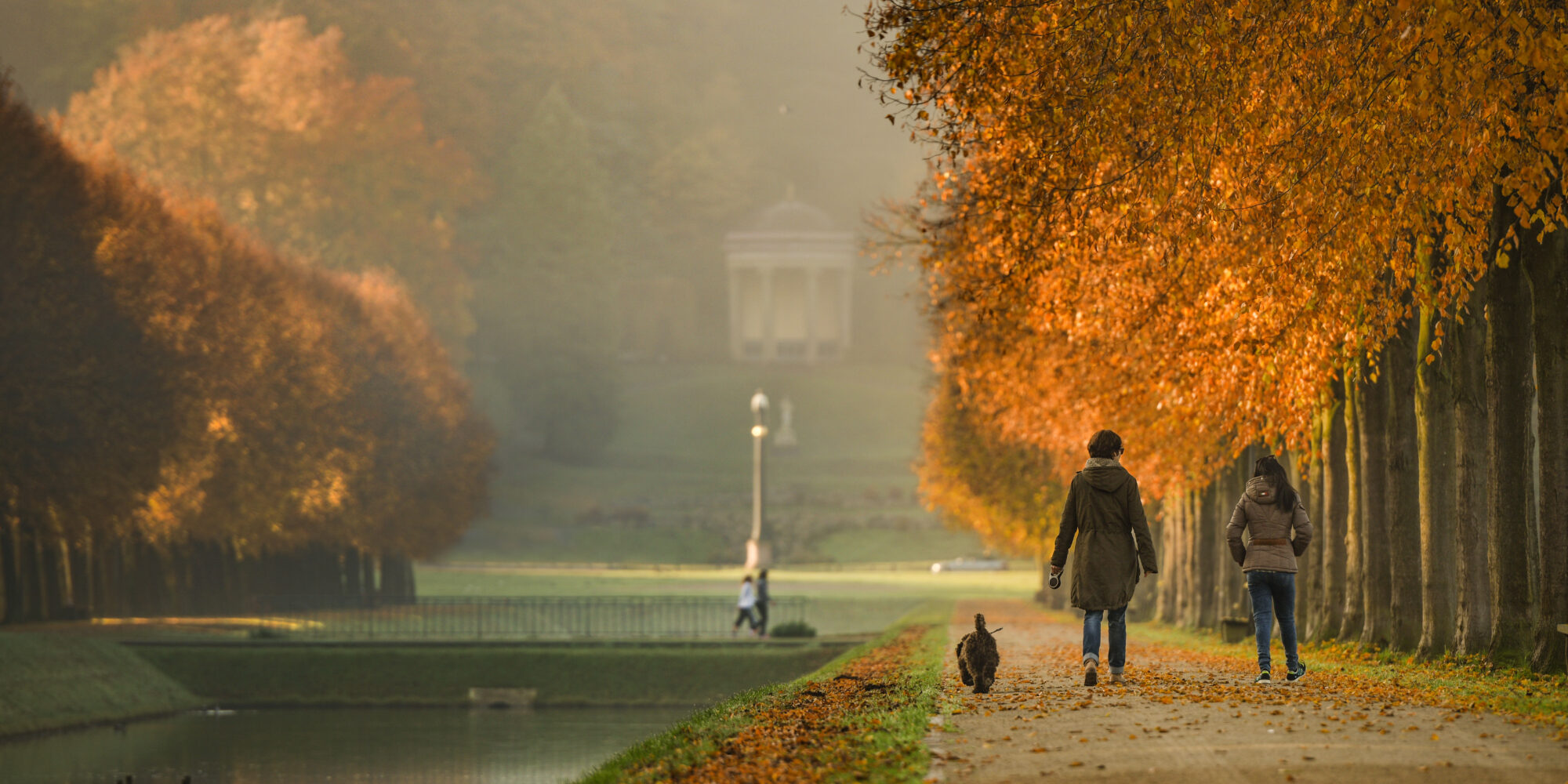 Zwei Spaziergänger mit einem Hund gehen auf einem Weg durch die herbstlichen Gartenanlagen mit bunten Laubbäumen. Im Hintergrund ist das Amphitheater sichtbar.