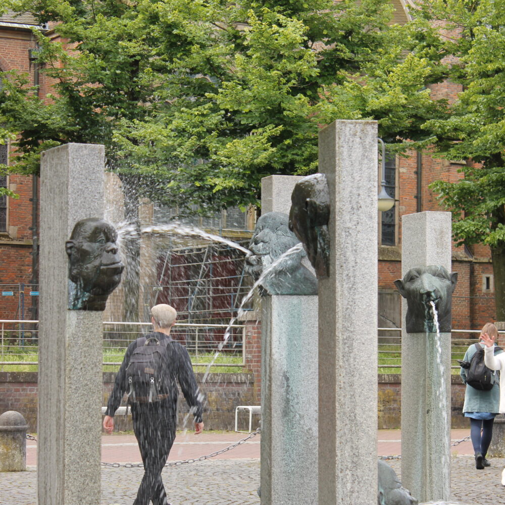 Wasserspeiende Köpfe an Steinsäulen sind die Markenzeichen des Narrenbrunnens