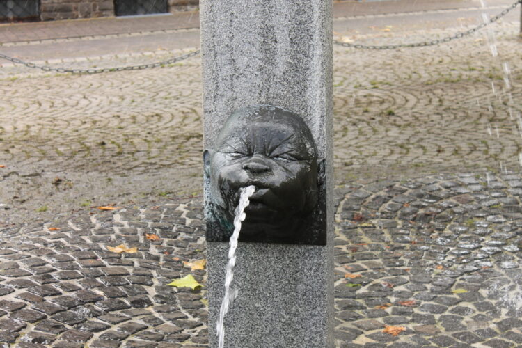 Wasserspeiende Köpfe an Steinsäulen sind die Markenzeichen des Narrenbrunnens