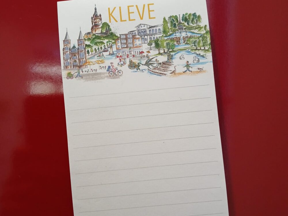 Kühlschrankblock Kraejen mit Magnet und den gezeichneten Klever Sehenswürdigkeiten und dem Schriftzug Kleve