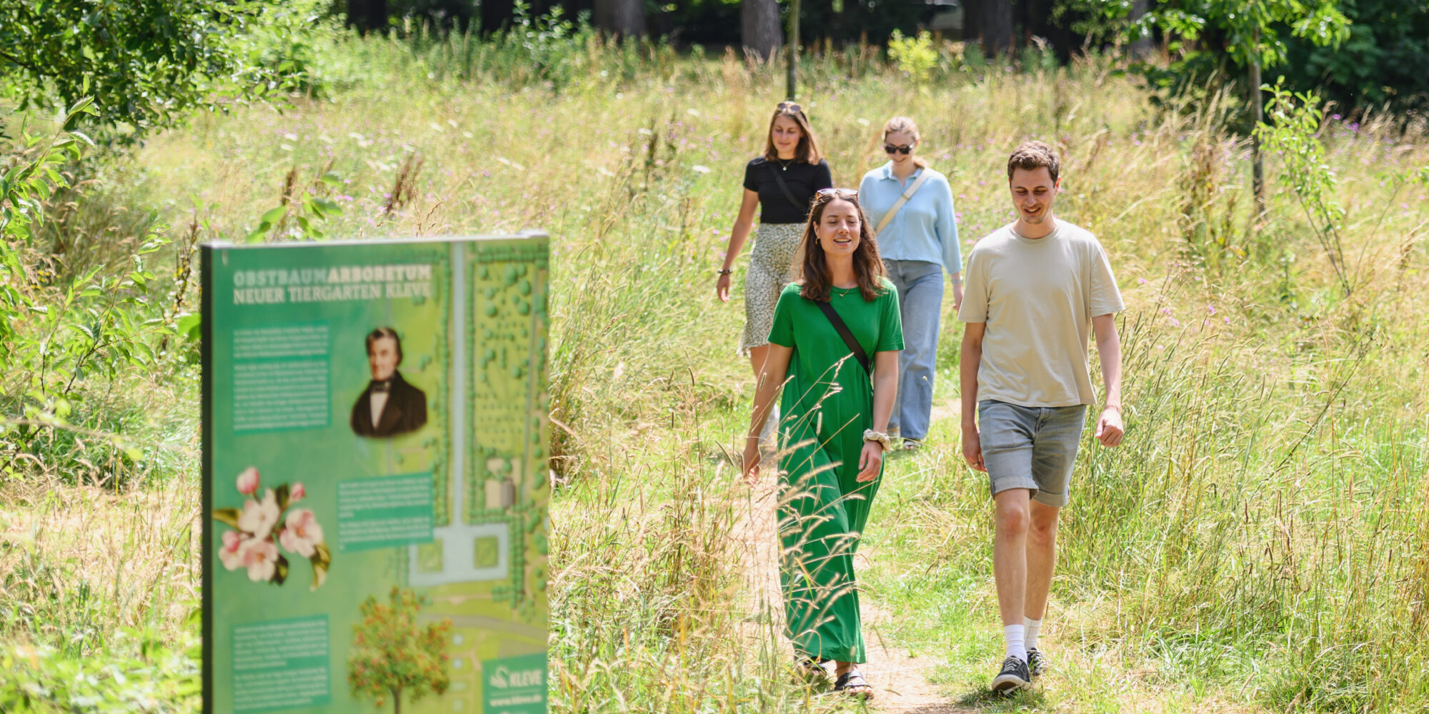 Vier Personen gehen auf einem schmalen Weg durch hohes Gras. Links steht ein Informationsschild mit Text und Bildern über Pflanzen.