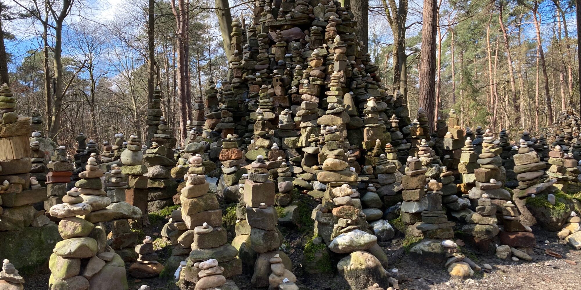 Eine große Ansammlung von Steinmännchen in verschiedenen Größen, angeordnet in einer pyramidenartigen Struktur, umgeben von Bäumen im Wald.
