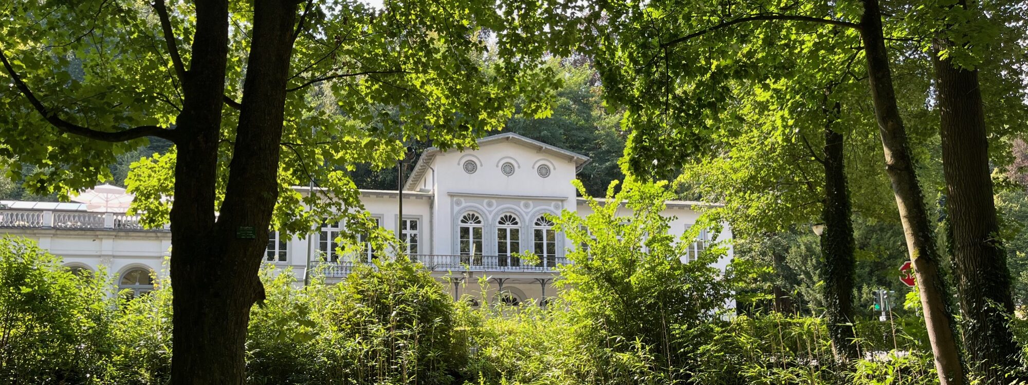 Weißes Gebäude des Museum Kurhaus Kleve mit großen Fenstern hinter Bäumen und einem kleinen Kanal im Vordergrund.