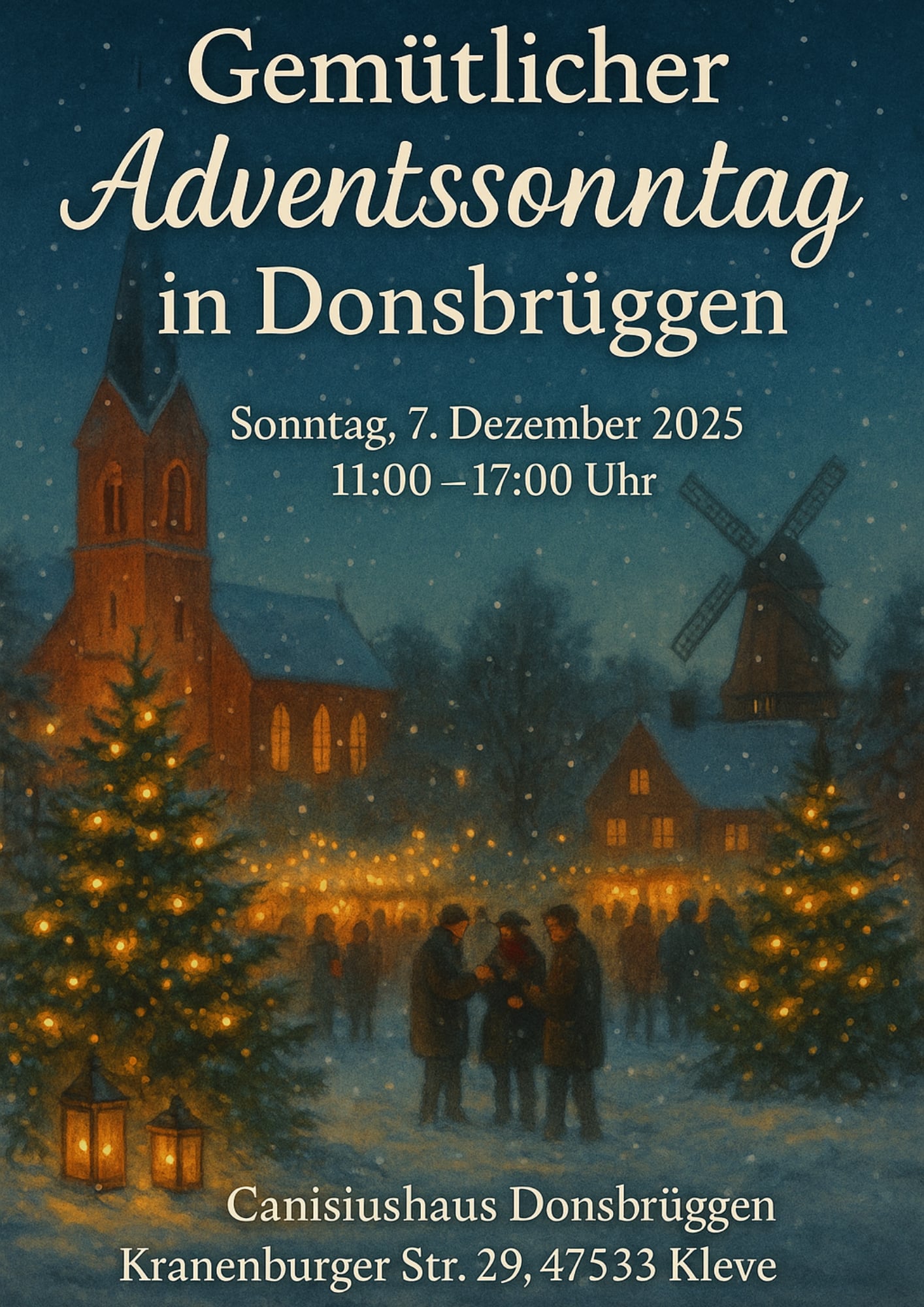 Ein Plakat mit einem weihnachtlich beleuchteten Dorfplatz mit Tannenbäumen, Menschen und Kirche bei Nacht. Der Text lautet: "Gemütlicher Adventssonntag in Donsbrüggen, Sonntag, 7. Dezember 2025 11:00–17:00 Uhr Canisiushaus Donsbrüggen Kranenburger Str. 29, 47533 Kleve"